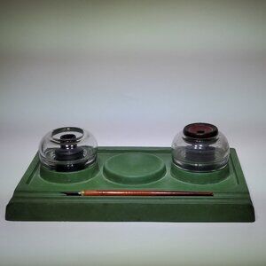VINTAGE SENGBUSCH SELF- CLOSING INKSTAND COMPANY  DOUBLE INKWELL SET CIRCA 1925